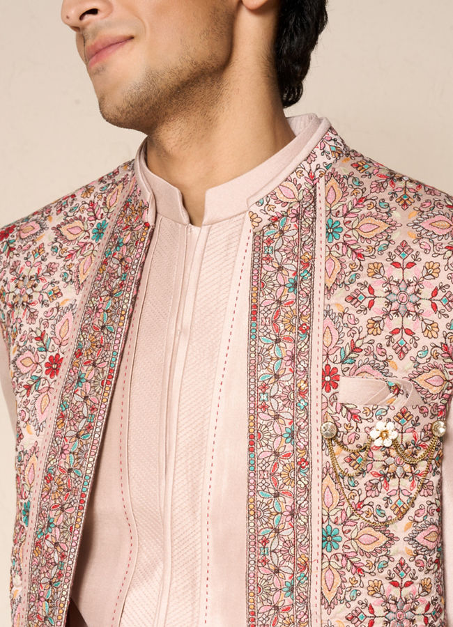 Manyavar Men Beige Silk Indo-Western Set with Printed