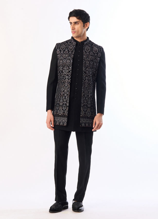 Manyavar Men Black Velvet Indo Western with Embroidery