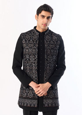 Manyavar Men Black Velvet Indo Western with Embroidery