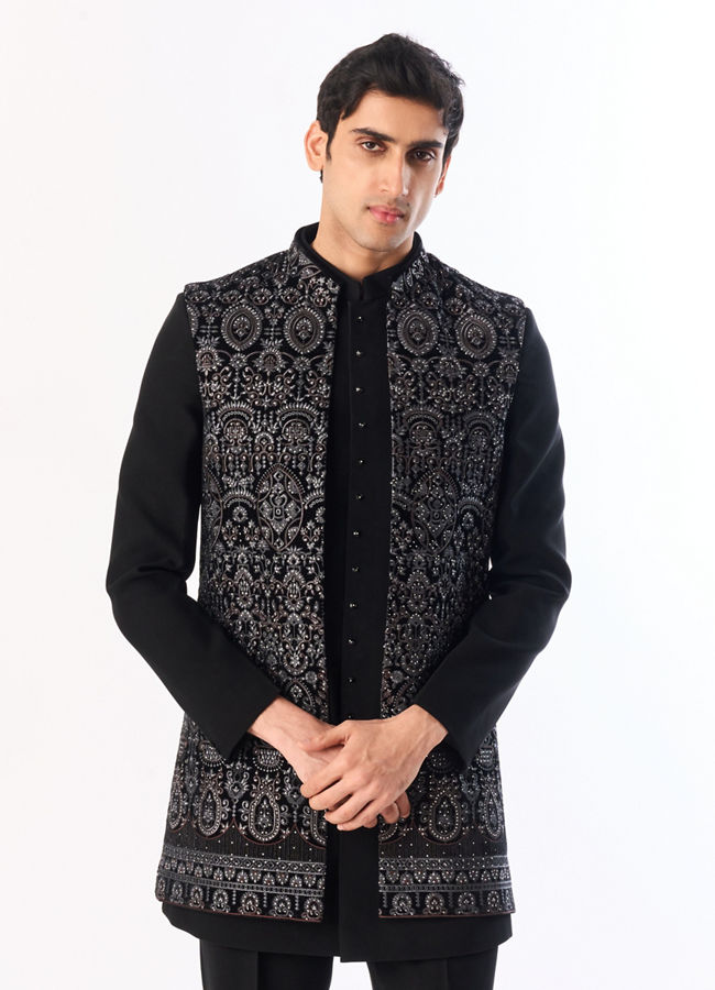 Manyavar Men Black Velvet Indo Western with Embroidery
