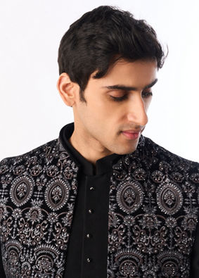 Manyavar Men Black Velvet Indo Western with Embroidery