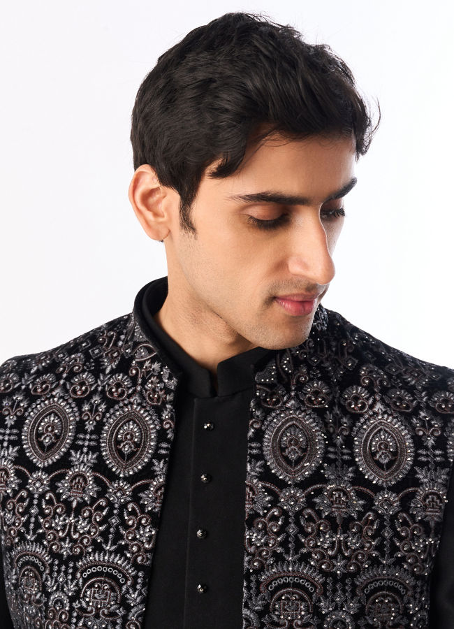 Manyavar Men Black Velvet Indo Western with Embroidery