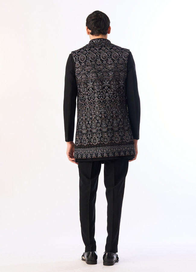 Manyavar Men Black Velvet Indo Western with Embroidery