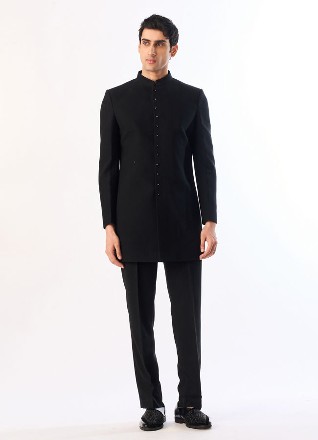 Manyavar Men Black Velvet Indo Western with Embroidery