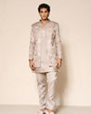 Manyavar Men Beige Silk Floral Indo-Western Set