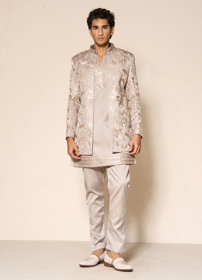 Manyavar Men Beige Silk Floral Indo-Western Set