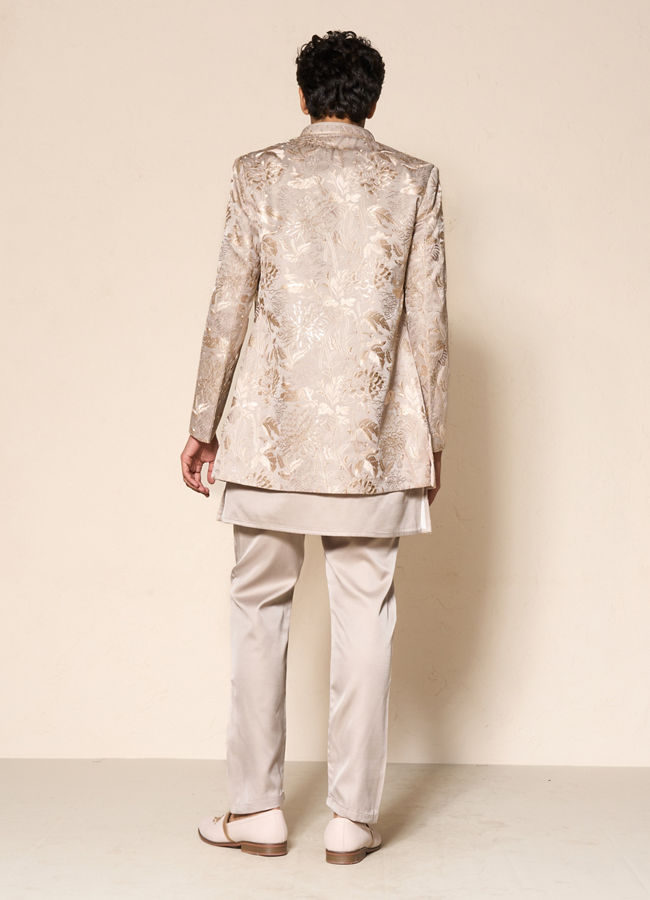 Manyavar Men Beige Silk Floral Indo-Western Set