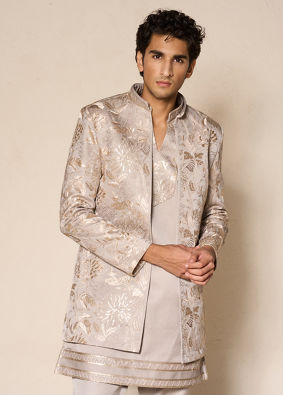 Manyavar Men Beige Silk Floral Indo-Western Set