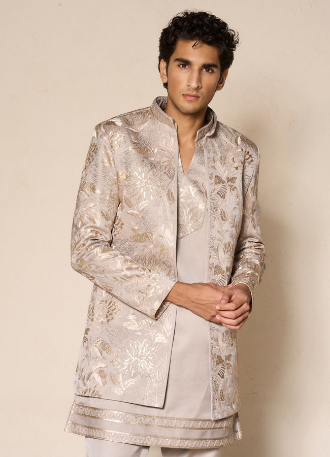 Manyavar Men Beige Silk Floral Indo-Western Set