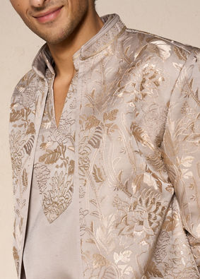 Manyavar Men Beige Silk Floral Indo-Western Set