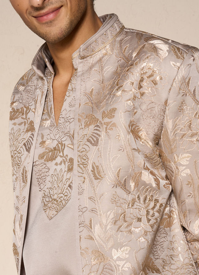 Manyavar Men Beige Silk Floral Indo-Western Set