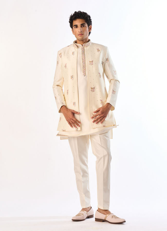 Manyavar Men Cream Silk Indo-Western Set with Buta Embroidered