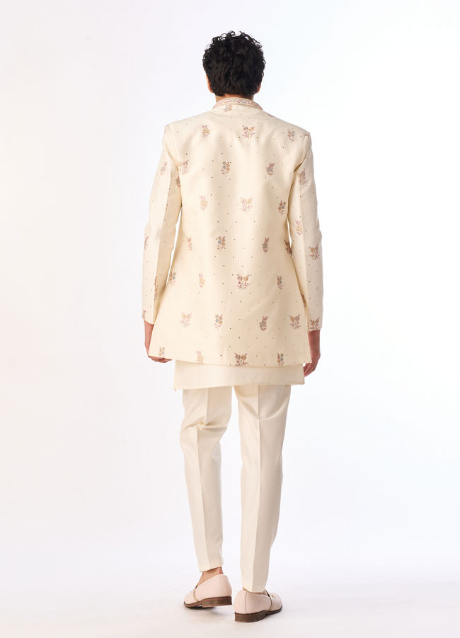Manyavar Men Cream Silk Indo-Western Set with Buta Embroidered