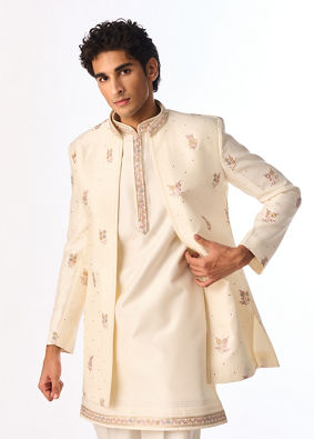 Manyavar Men Cream Silk Indo-Western Set with Buta Embroidered