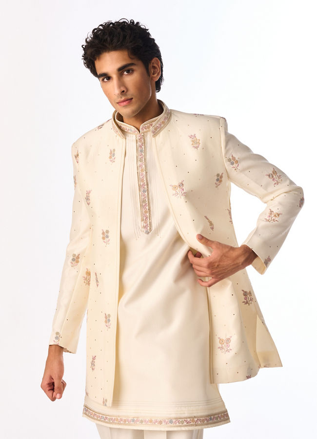 Manyavar Men Cream Silk Indo-Western Set with Buta Embroidered