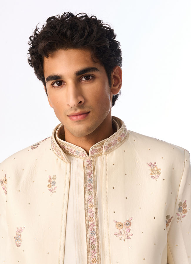 Manyavar Men Cream Silk Indo-Western Set with Buta Embroidered