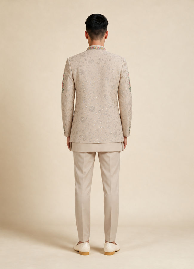 Manyavar Men Beige Georgette Indo Western with Embroidered Jacket