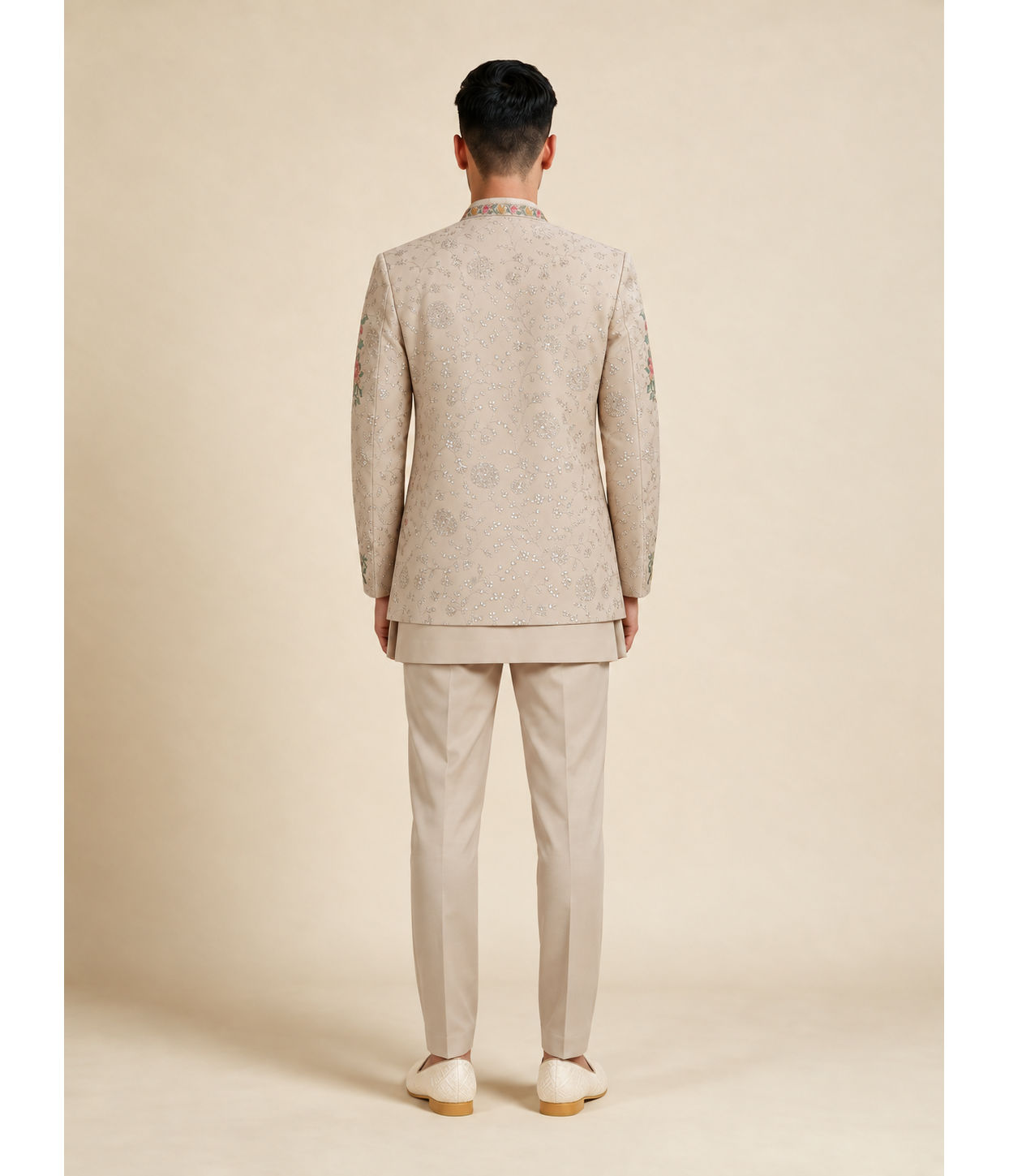 Manyavar Men Beige Georgette Indo Western with Embroidered Jacket