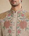 Manyavar Men Beige Georgette Indo Western with Embroidered Jacket