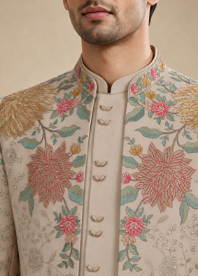 Manyavar Men Beige Georgette Indo Western with Embroidered Jacket