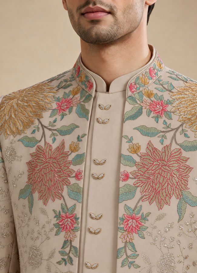 Manyavar Men Beige Georgette Indo Western with Embroidered Jacket