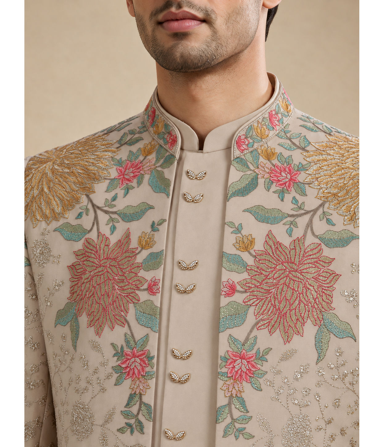 Manyavar Men Beige Georgette Indo Western with Embroidered Jacket