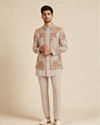 Manyavar Men Beige Georgette Indo Western with Embroidered Jacket