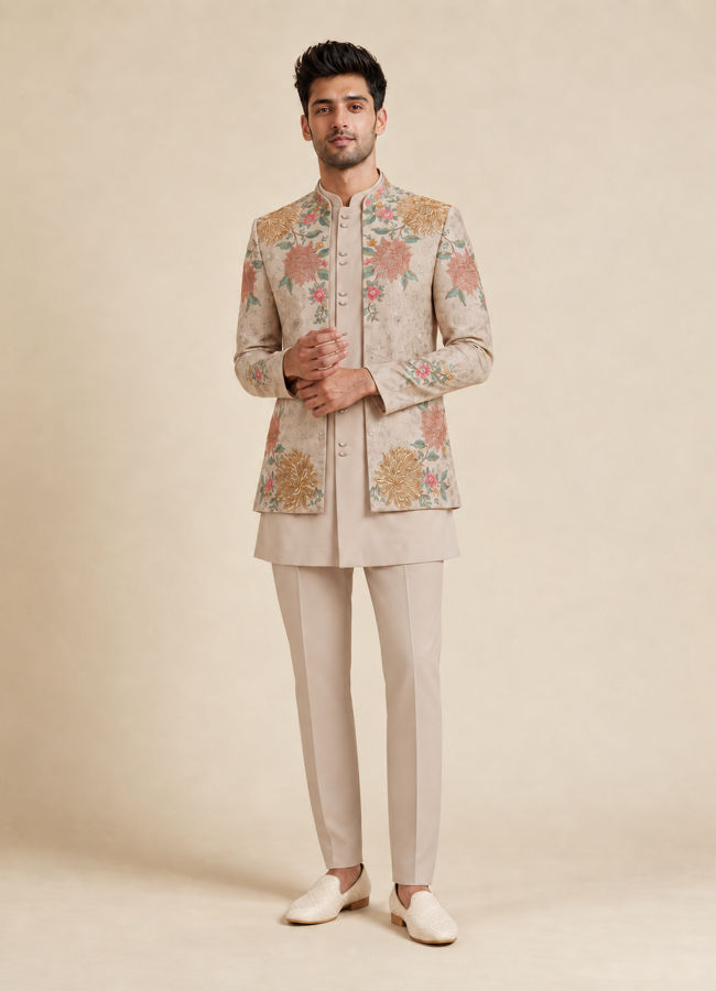 Manyavar Men Beige Georgette Indo Western with Embroidered Jacket