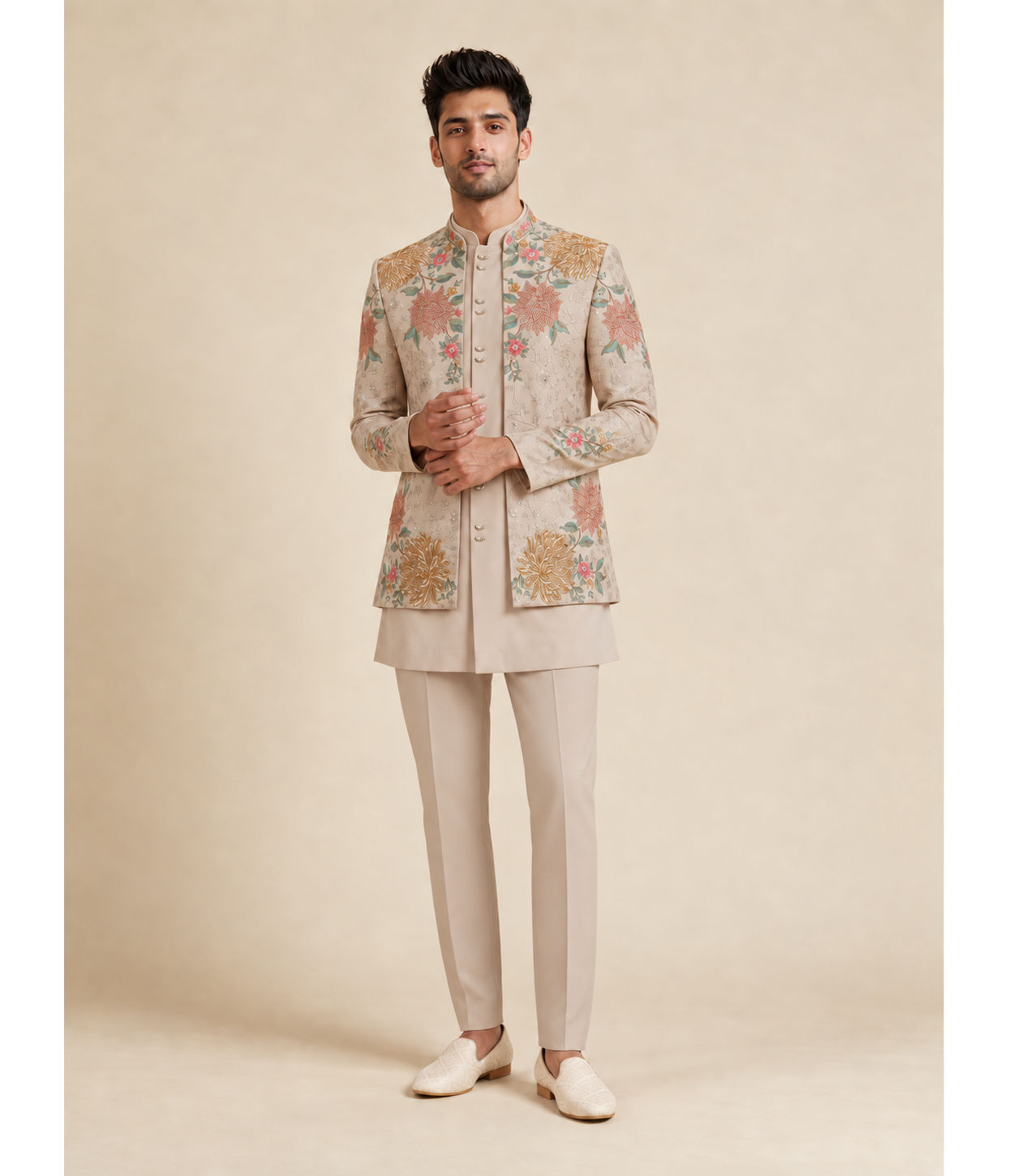 Manyavar Men Beige Georgette Indo Western with Embroidered Jacket