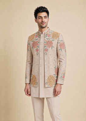 Manyavar Men Beige Georgette Indo Western with Embroidered Jacket