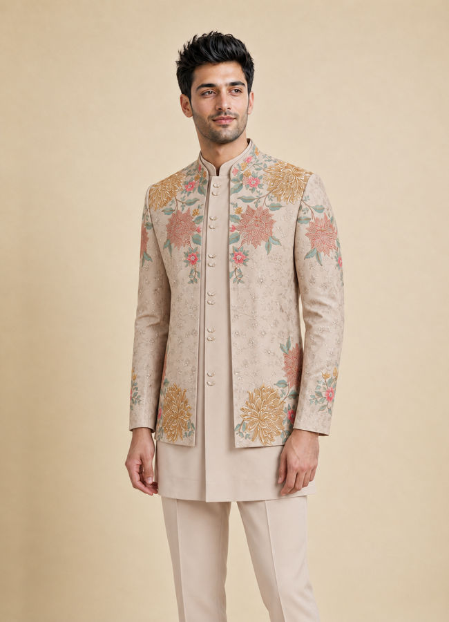 Manyavar Men Beige Georgette Indo Western with Embroidered Jacket