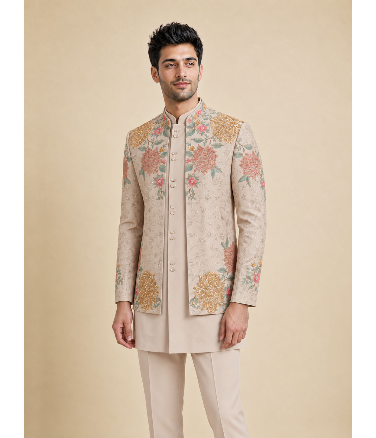Manyavar Men Beige Georgette Indo Western with Embroidered Jacket