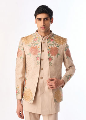 Manyavar Men Beige Georgette Indo Western with Embroidered Jacket