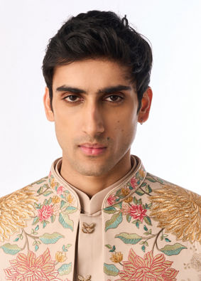 Manyavar Men Beige Georgette Indo Western with Embroidered Jacket
