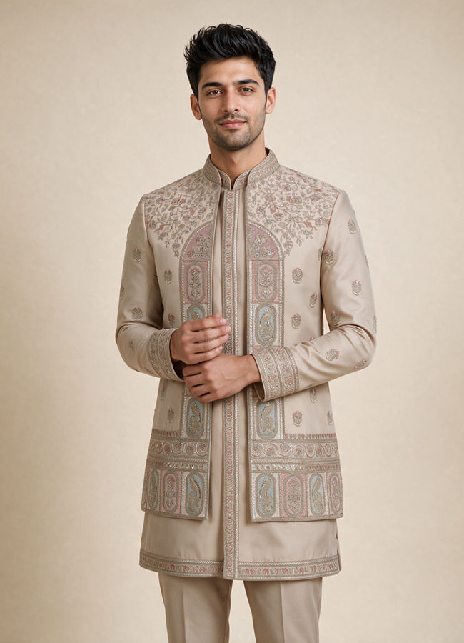 Manyavar Men Gold Silk Indo Western with Embroidered Detail