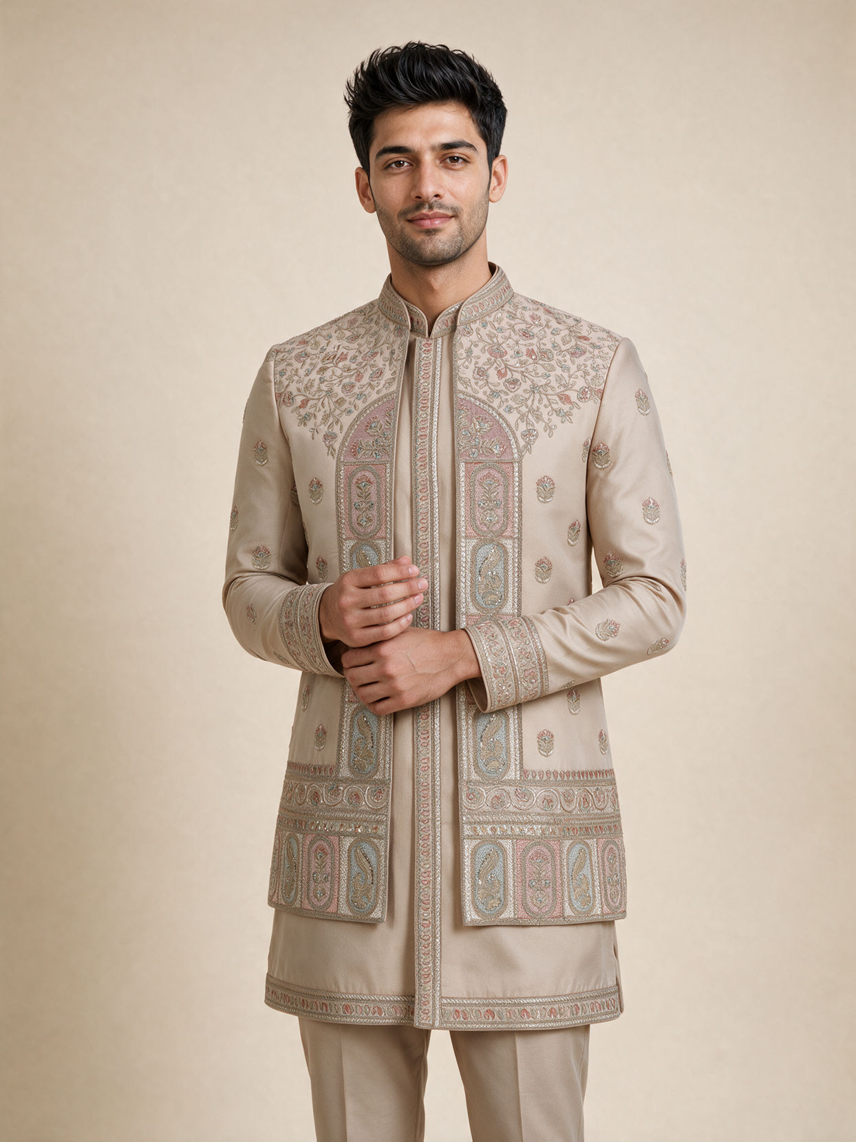 Manyavar Men Gold Silk Indo Western with Embroidered Detail
