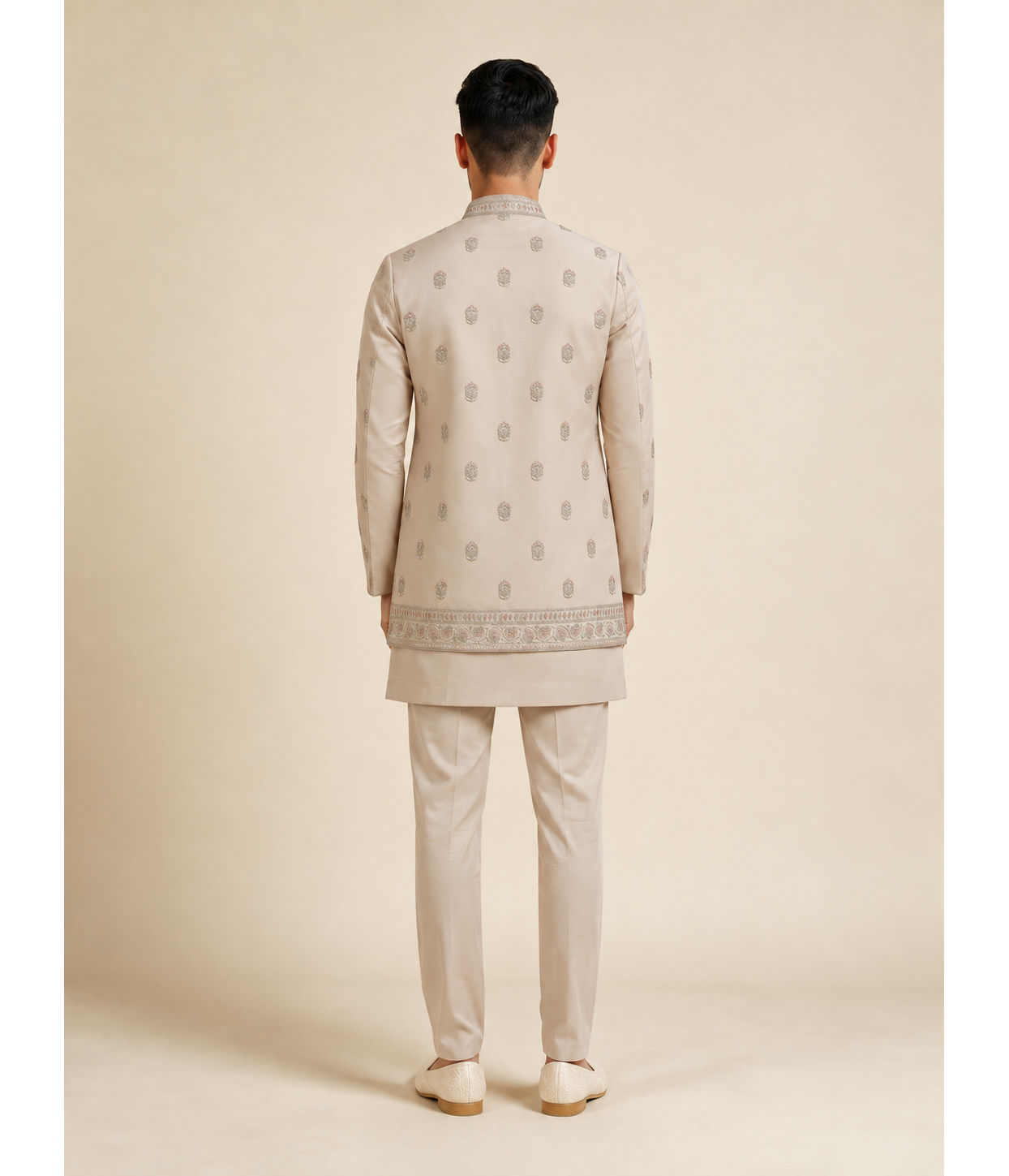 Manyavar Men Gold Silk Indo Western with Embroidered Detail
