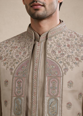 Manyavar Men Gold Silk Indo Western with Embroidered Detail