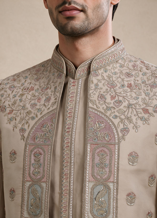 Manyavar Men Gold Silk Indo Western with Embroidered Detail