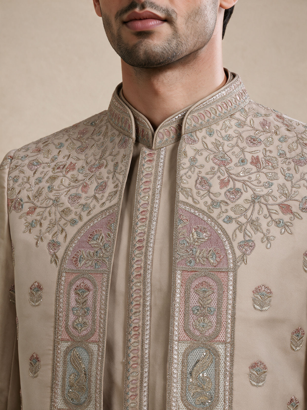 Manyavar Men Gold Silk Indo Western with Embroidered Detail