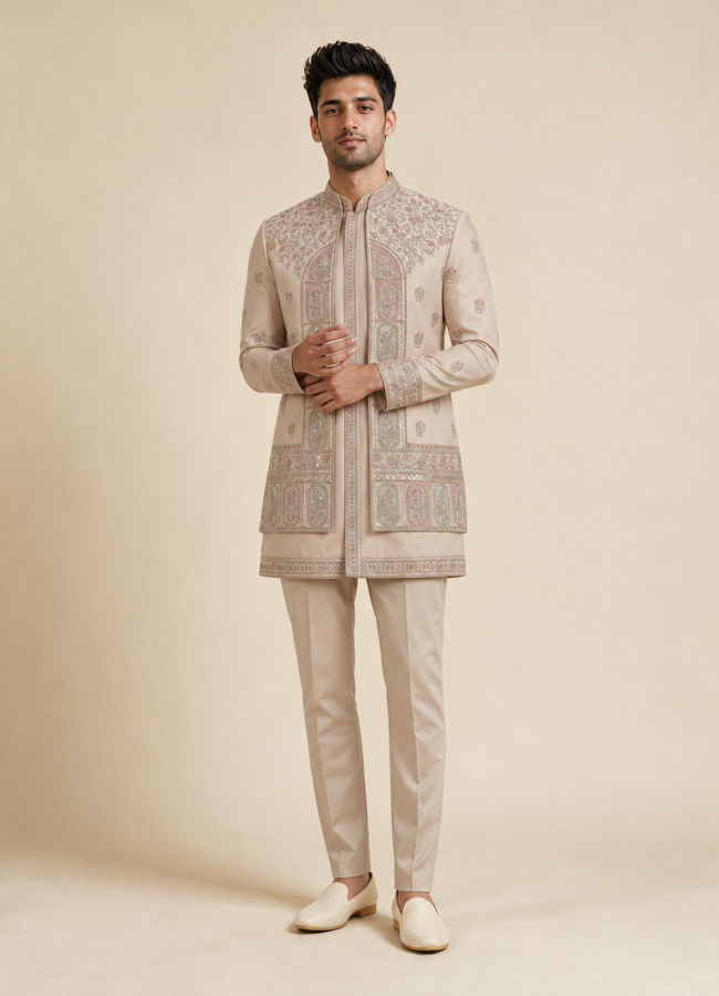 Manyavar Men Gold Silk Indo Western with Embroidered Detail