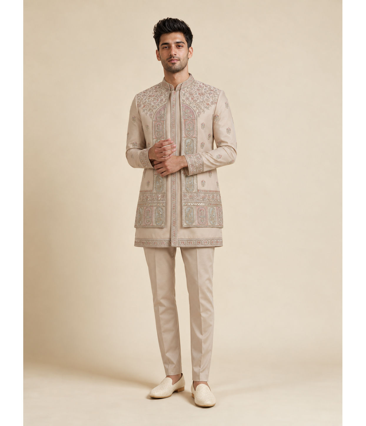 Manyavar Men Gold Silk Indo Western with Embroidered Detail