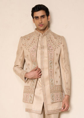 Manyavar Men Gold Silk Indo Western with Embroidered Detail