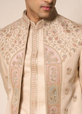 Manyavar Men Gold Silk Indo Western with Embroidered Detail