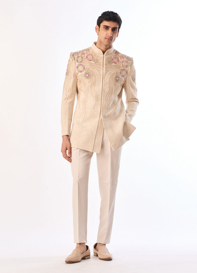 Manyavar Men Beige Cotton Embroidered Indo-Western Set
