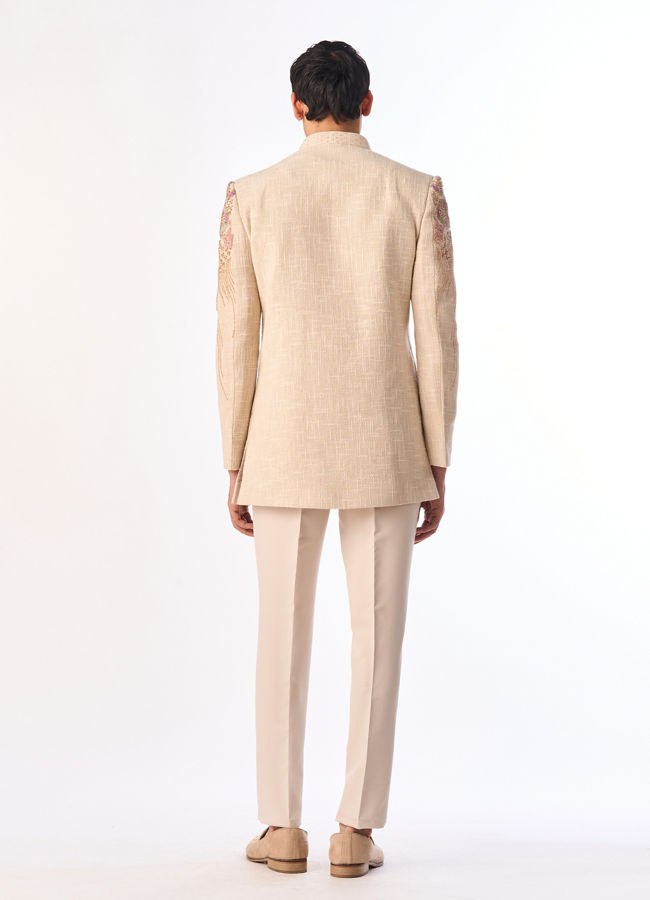 Manyavar Men Beige Cotton Embroidered Indo-Western Set