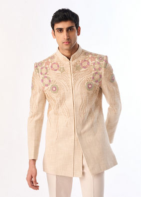 Manyavar Men Beige Cotton Embroidered Indo-Western Set