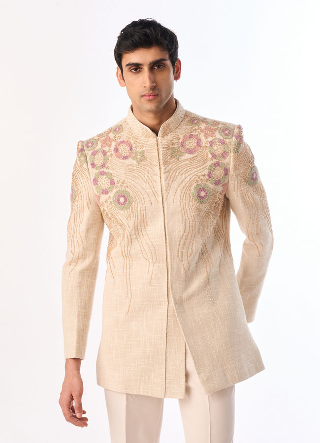 Manyavar Men Beige Cotton Embroidered Indo-Western Set