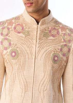 Manyavar Men Beige Cotton Embroidered Indo-Western Set