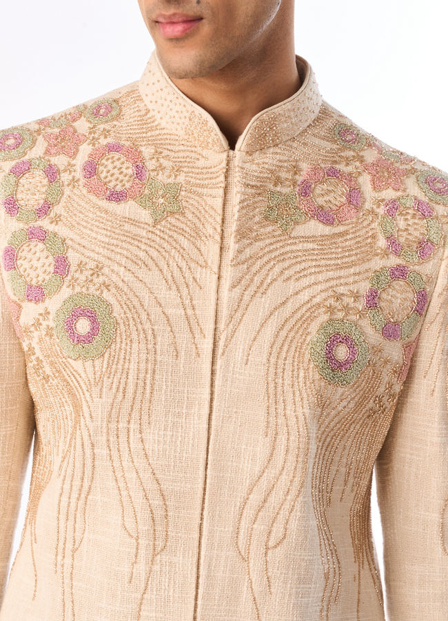 Manyavar Men Beige Cotton Embroidered Indo-Western Set